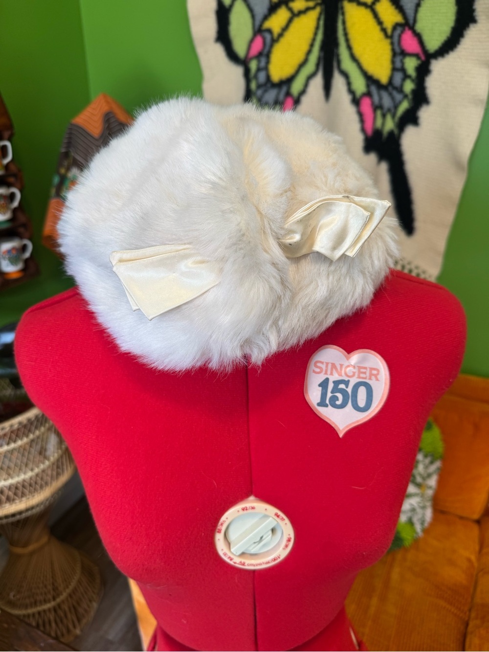 Kids Cream Faux Fur Hat with Satin Bows